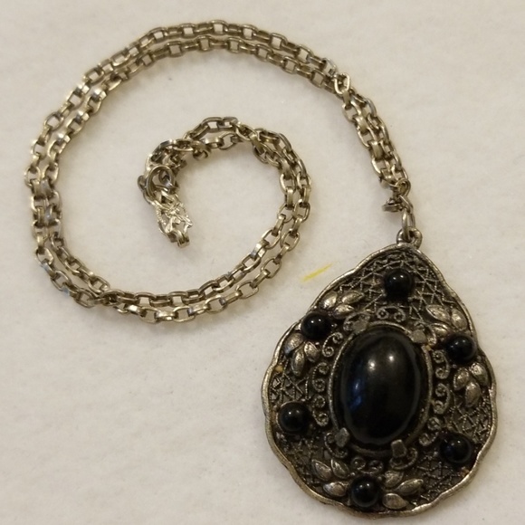 Silver Color Filigree Teardrop Costume Necklace - Picture 3 of 8